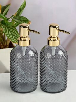 Kookee - Grey Glass Soap Dispenser Stylish Refillable Pump for Bathroom & Kitchen (Pack of 2)