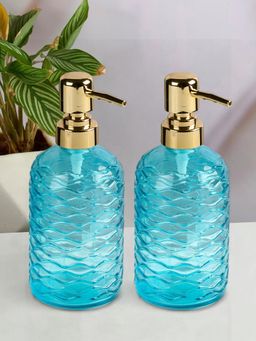 Kookee - Blue Glass Soap Dispenser Stylish Refillable Pump for Bathroom & Kitchen (Pack of 2)
