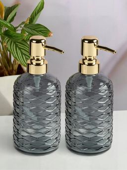 Kookee - Grey Glass Soap Dispenser Stylish Refillable Pump for Bathroom & Kitchen (Pack of 2)