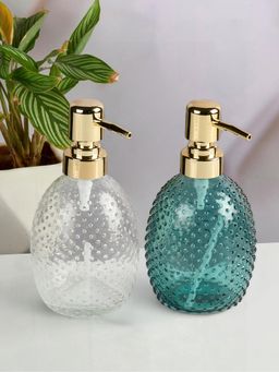 Kookee - Transparent & Green Glass Soap Dispenser Stylish Refillable Pump for Bathroom (Pack of 2)