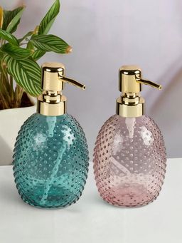 Kookee - Pink & Green Glass Soap Dispenser Stylish Refillable Pump for Bathroom (Pack of 2)