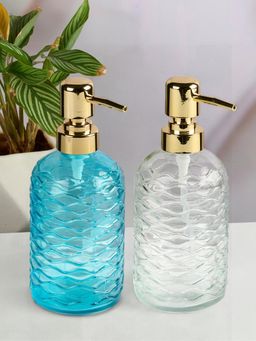 Kookee - Transparent & Blue Glass Soap Dispenser Stylish Refillable Pump for Bathroom (Pack of 2)