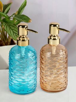 Kookee - Blue & Orange Glass Soap Dispenser Stylish Refillable Pump for Bathroom (Pack of 2)