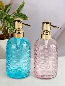 Kookee - Blue & Pink Glass Soap Dispenser Stylish Refillable Pump for Bathroom (Pack of 2)