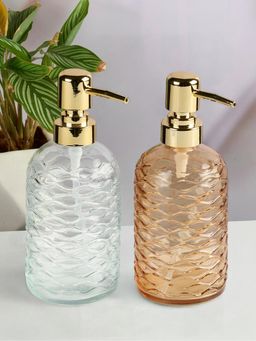 Kookee - Transparent & Orange Glass Soap Dispenser Stylish Refillable Pump for Bathroom (Pack of 2)