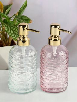 Kookee - Transparent & Pink Glass Soap Dispenser Stylish Refillable Pump for Bathroom (Pack of 2)
