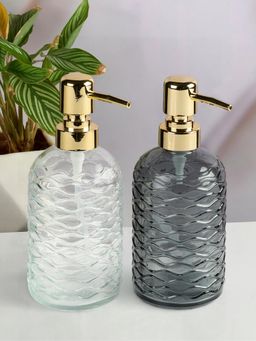 Kookee - Transparent & Grey Glass Soap Dispenser Stylish Refillable Pump for Bathroom (Pack of 2)