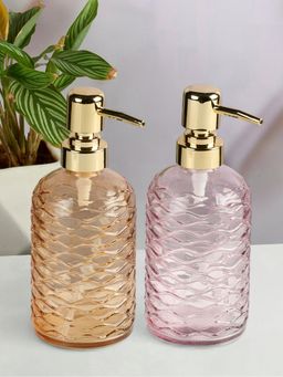 Kookee - Orange & Pink Glass Soap Dispenser Stylish Refillable Pump for Bathroom (Pack of 2)