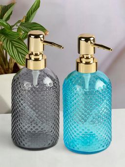 Kookee - Blue & Grey Glass Soap Dispenser Stylish Refillable Pump for Bathroom (Pack of 2)