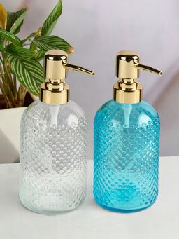 Kookee - Transparent & Blue Glass Soap Dispenser Stylish Refillable Pump for Bathroom (Pack of 2)