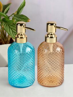 Kookee - Blue & Orange Glass Soap Dispenser Stylish Refillable Pump for Bathroom (Pack of 2)