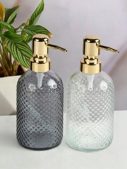 Kookee - Transparent & Grey Glass Soap Dispenser Stylish Refillable Pump for Bathroom (Pack of 2)