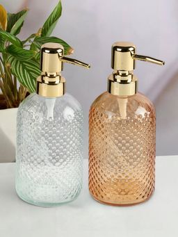 Kookee - Transparent & Orange Glass Soap Dispenser Stylish Refillable Pump for Bathroom (Pack of 2)