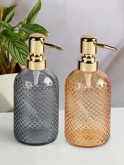 Kookee - Grey & Orange Glass Soap Dispenser Stylish Refillable Pump for Bathroom (Pack of 2)