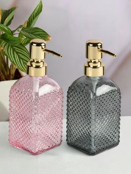 Kookee - Grey & Pink Glass Soap Dispenser Stylish Refillable Pump for Bathroom (Pack of 2)