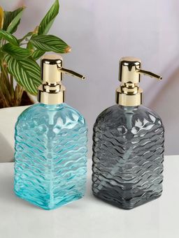 Kookee - Blue & Grey Glass Soap Dispenser Stylish Refillable Pump for Bathroom (Pack of 2)
