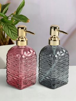 Kookee - Grey & Pink Glass Soap Dispenser Stylish Refillable Pump for Bathroom (Pack of 2)