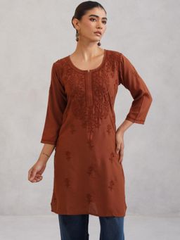Colorkosh - Brown Chikankari Embroidered Stylish Kurti