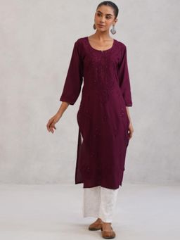 Colorkosh - Wine Chikankari Embroidered Stylish Kurta