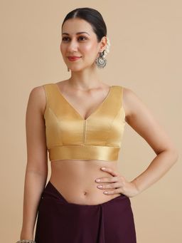 Niraha - Women Gold Satin V-Neck Sleeveless Saree Blouse