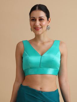 Niraha - Women Light Blue Satin V-Neck Sleeveless Saree Blouse