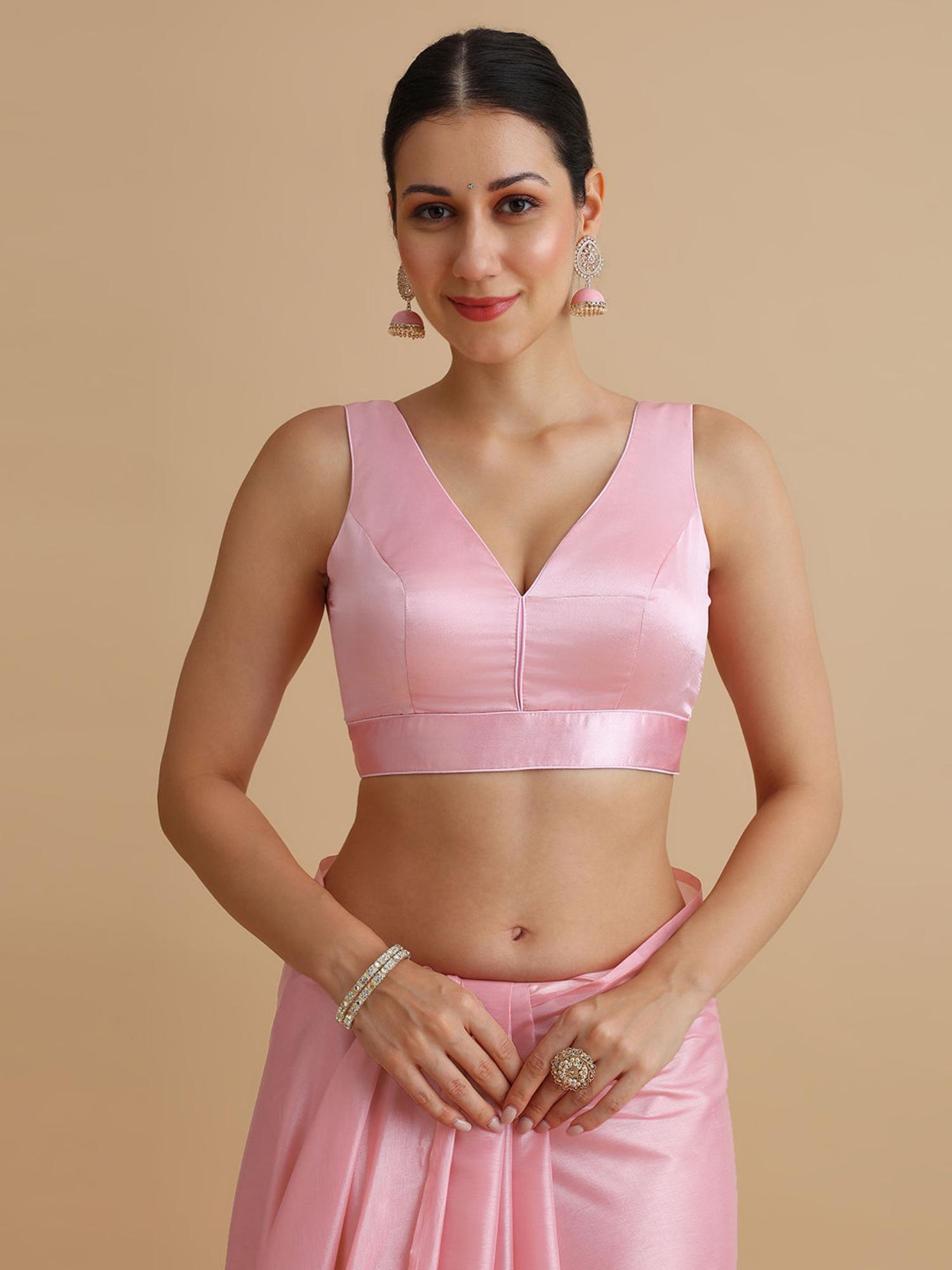 Women Light Pink Satin V-Neck Sleeveless Saree Blouse-image-10