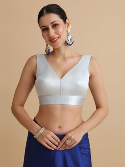 Niraha - Women Light Silver Satin V-Neck Sleeveless Saree Blouse