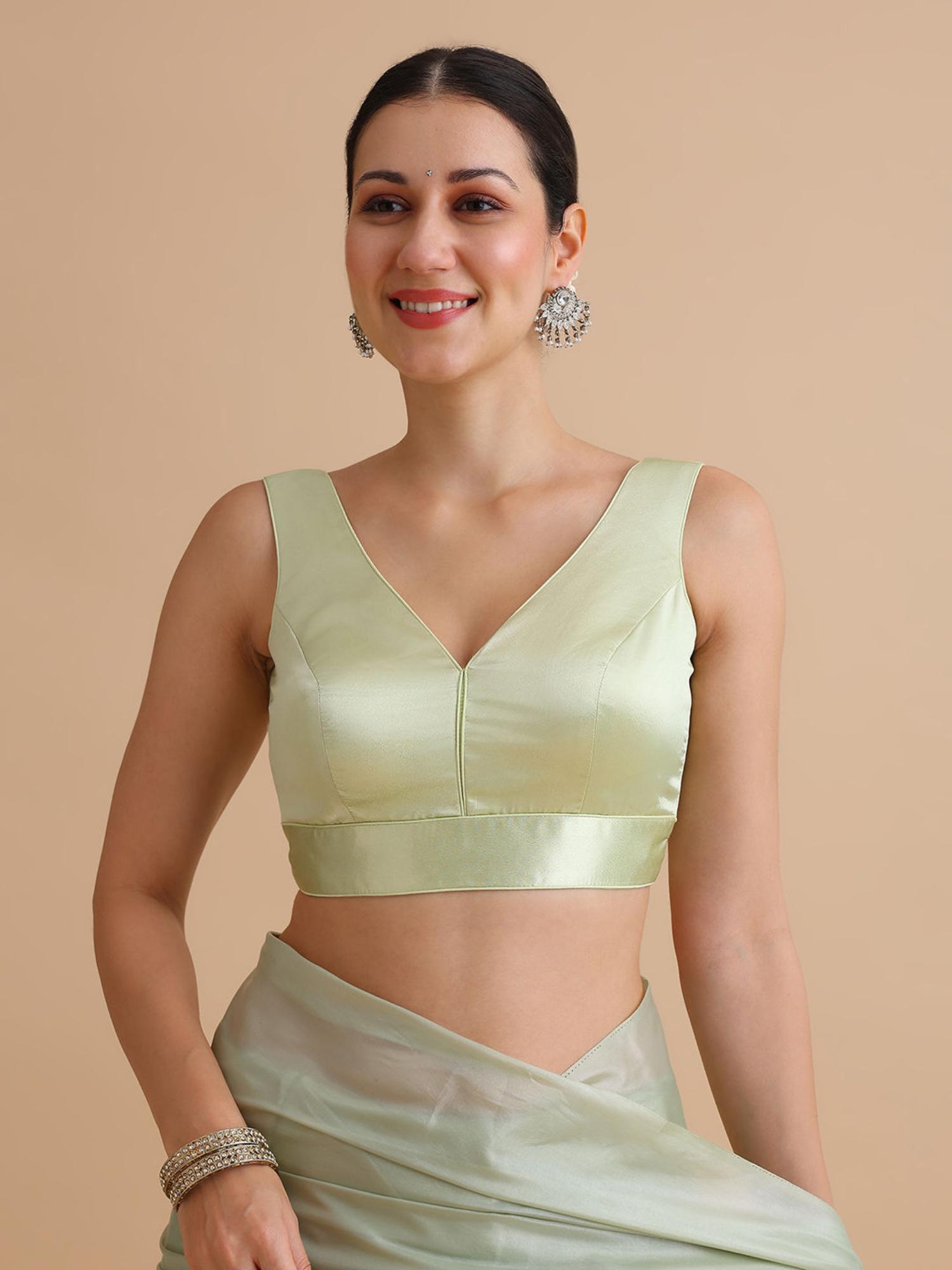 niraha Women Mint Green Satin V-Neck Sleeveless Saree Blouse-picture-17