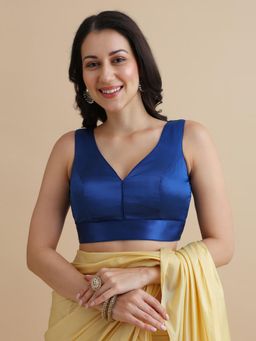 Niraha - Women Navy Blue Satin V-Neck Sleeveless Saree Blouse