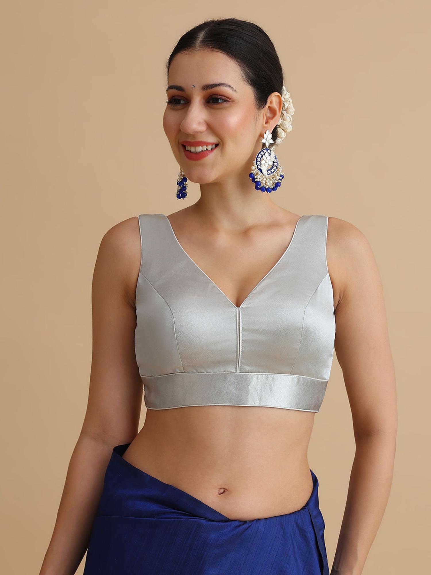 niraha Women Silver Satin V-Neck Sleeveless Saree Blouse-picture-24