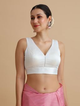 Niraha - Women White Satin V-Neck Sleeveless Saree Blouse
