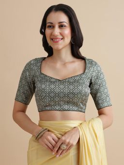 Niraha - Women Green Woven Design Sweetheart Neck Saree Blouse