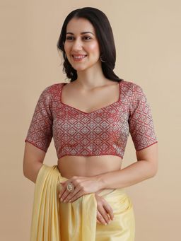 Niraha - Women Red Woven Design Sweetheart Neck Saree Blouse