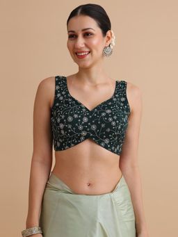 Niraha - Women Bottle Green Floral Embroidered V-Neck Sleeveless Saree Blouse