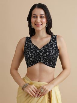 Niraha - Women Black Floral Embroidered V-Neck Sleeveless Saree Blouse