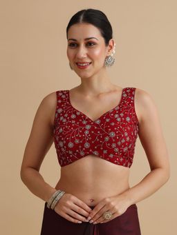 Niraha - Women Dark Red Floral Embroidered V-Neck Sleeveless Saree Blouse