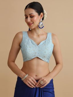 Niraha - Women Light Blue Floral Embroidered V-Neck Sleeveless Saree Blouse