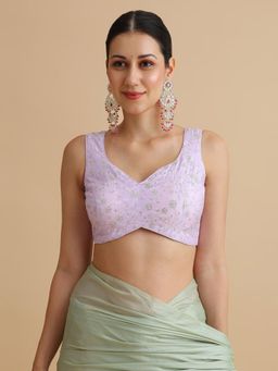 Niraha - Women Lilac Floral Embroidered V-Neck Sleeveless Saree Blouse
