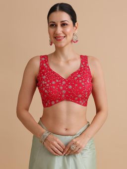 Niraha - Women Light Red Floral Embroidered V-Neck Sleeveless Saree Blouse