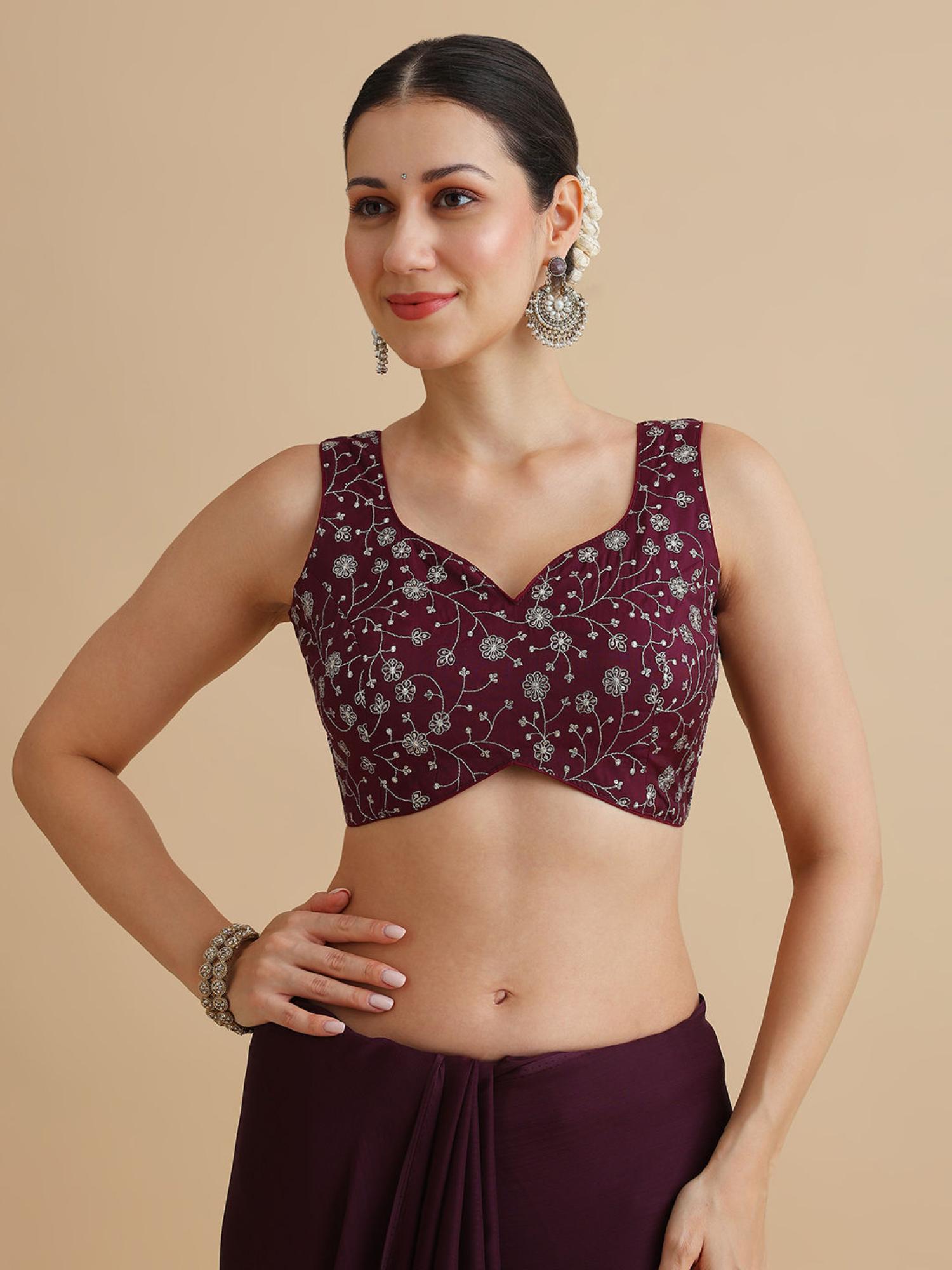 niraha Women Wine Floral Embroidered V-Neck Sleeveless Saree Blouse-picture-27