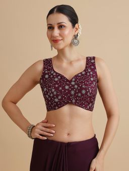 Niraha - Women Wine Floral Embroidered V-Neck Sleeveless Saree Blouse