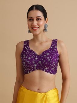 Niraha - Women Purple Floral Embroidered V-Neck Sleeveless Saree Blouse