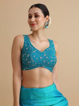 Niraha - Women Turquoise Floral Embroidered V-Neck Sleeveless Saree Blouse