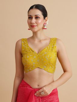 Niraha - Women Yellow Floral Embroidered V-Neck Sleeveless Saree Blouse