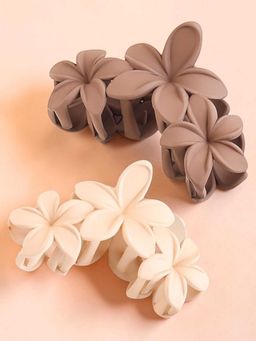OOMPH - Combo Of 2 Hair Claw Clip - Floral Shape - Beige And Cocoa Brown Color (Pack of 2)