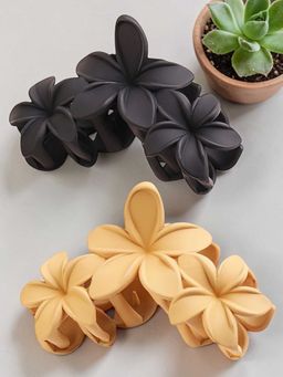 OOMPH - Combo Of 2 Hair Claw Clip - Floral Shape - Black And Beige Color (Pack of 2)