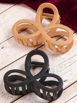 OOMPH - Combo Of 2 Hair Claw Clip - Floral Shape - Black And Light Tan Color (Pack of 2)