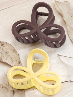 OOMPH - Combo Of 2 Hair Claw Clip - Floral Shape - Beige And Brown Color (Pack of 2)