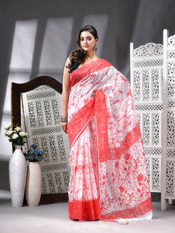Angoshobha - Cotton Blend Printed Handloom Red Saree with Unstitched Blouse