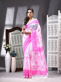 Angoshobha - Cotton Blend Printed Handloom Pink Saree with Unstitched Blouse